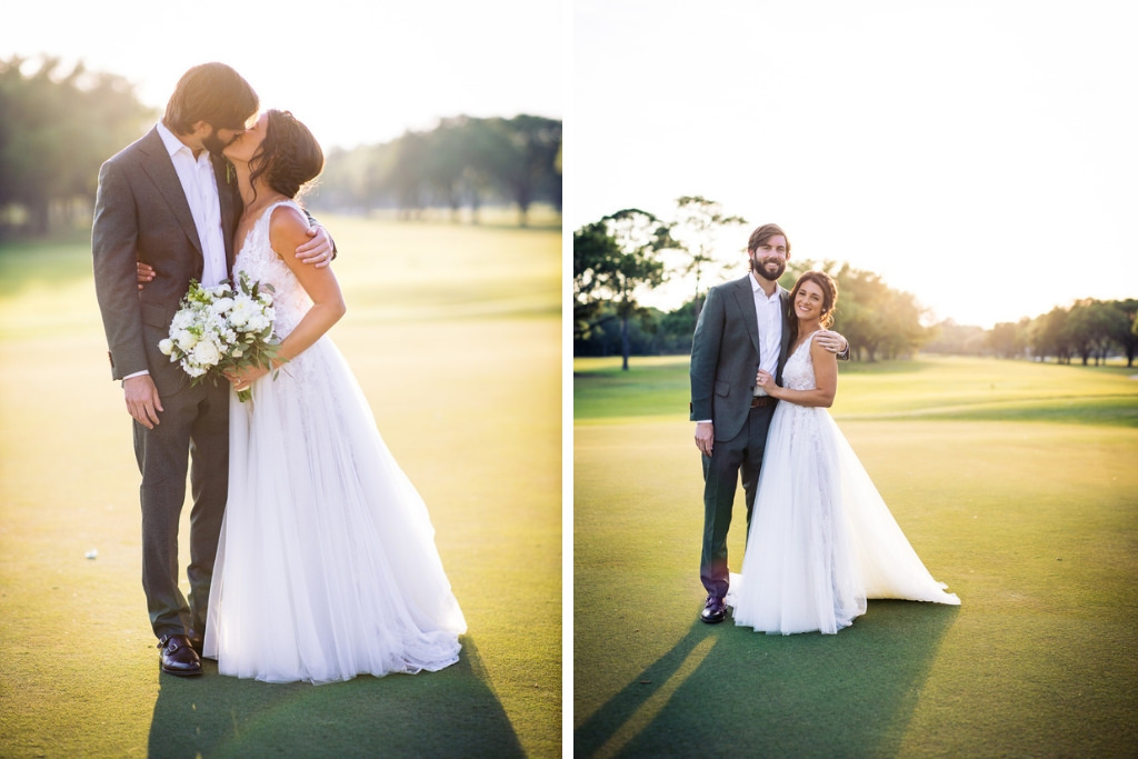 Tampa Bay Bride and Groom Golf Course Wedding Portrait, Bride in Sleeveless Deep Plunge Neckline Long Flowy Tulle Wedding Dress, Bride holding White Floral Bouquet with Greenery | South Tampa Wedding Venue Palma Ceia Golf & Country Club