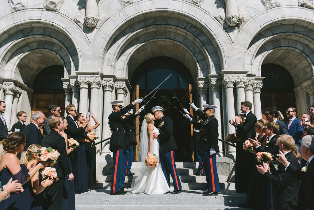Florida Bride and Groom Wedding Ceremony Exit Under Military Sword Arch | Tampa Bay Wedding Photographer Kera Photography | Downtown Tampa Wedding Venue Sacred Heart Catholic Church