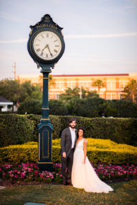 Tampa Bay Bride and Groom Outside Wedding Portrait with Palma Cei Clock, Florida Wedding Venue Palma Ceia Golf & Country Club