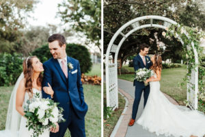 Florida Bride and Groom Portrait at Wedding Venue Davis Island Garden Club, Bride Carrying White and Green Floral Bouquet | Tampa Bay Florist Monarch Events and Design | Truly Forever Bridal
