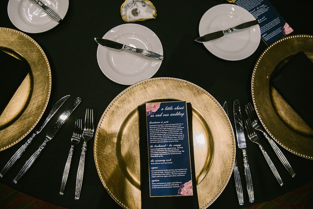 Classic Elegant Wedding Reception Decor Gold Chargers, Black Linens, Navy Blue Program