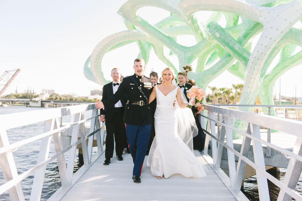 Florida Bride, Groom and Wedding Party Portrait on Downtown Tampa Bridge | Tampa Bay Wedding Photographer Kera Photography