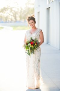 Bridal Portrait, Bride in Elegant Ivory and Gold Beaded Detailing V-Neck Sleeveless Sheath Style Wedding Dress, Bridal Updo with Curls and Rhinestone Hair Accessories, Carrying Eclectic Colorful Mix Flower Bouquet | Tampa Bay Wedding Photographer Andi Diamond Photography| Tampa Bay Wedding Makeup Artist Michelle Renee the Studio | Tampa Bay Florist Apple Blossoms Floral Designs