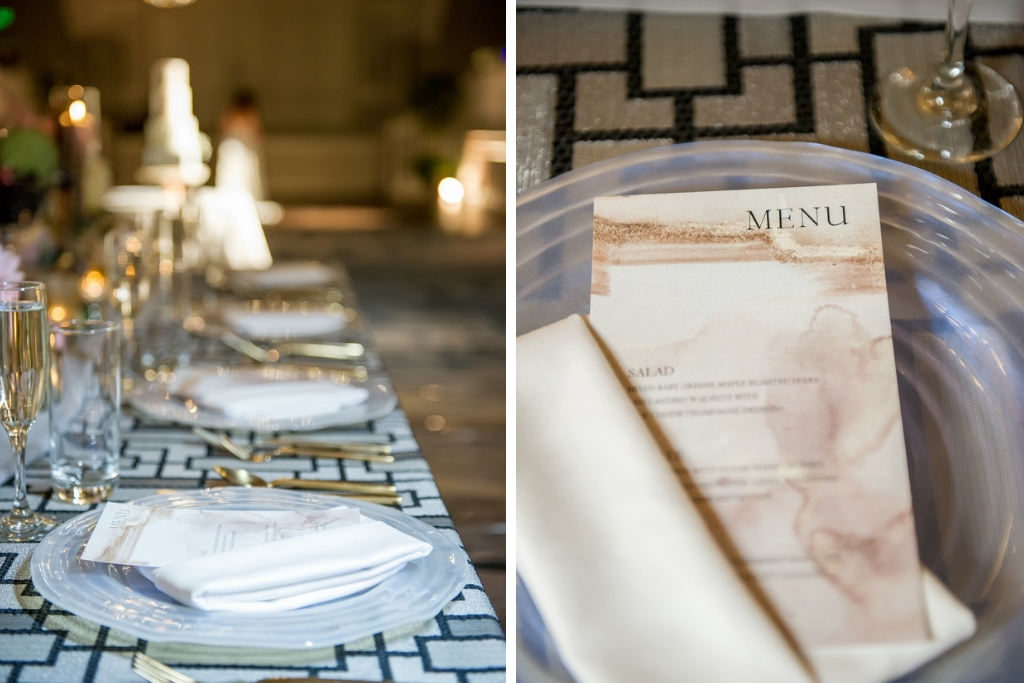 Bohemian Chic Inspired Wedding Decor and Table Setting, Neutral Tone Watercolor Wedding Menu from Invitation Suite, Long Rectangle Reception Tables with Blue Geometric Linen and White Sheer Runner, White Linen Napkins, Clear Ghost Chargers, Flatware   Tampa Wedding Stationary Designer A+P Design Co | Tampa Bay Wedding Photographer Andi Diamond Photography | Tampa Bay Wedding Planner UNIQUE Weddings + Events | Linen Rentals Over the Top Linens | Rentals A Chair Affair