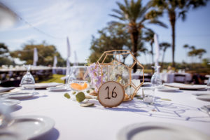 Rustic Southern Chic Garden Wedding Decor, Wood Table Number, Geometric Gold Low Centerpiece, Floral Stems in Glass Vases, South Tampa Outdoor Wedding Venue Palma Ceia Golf & Country Club | Tampa Bay Wedding Planner Jessie Soplinski with Breezin' Weddings