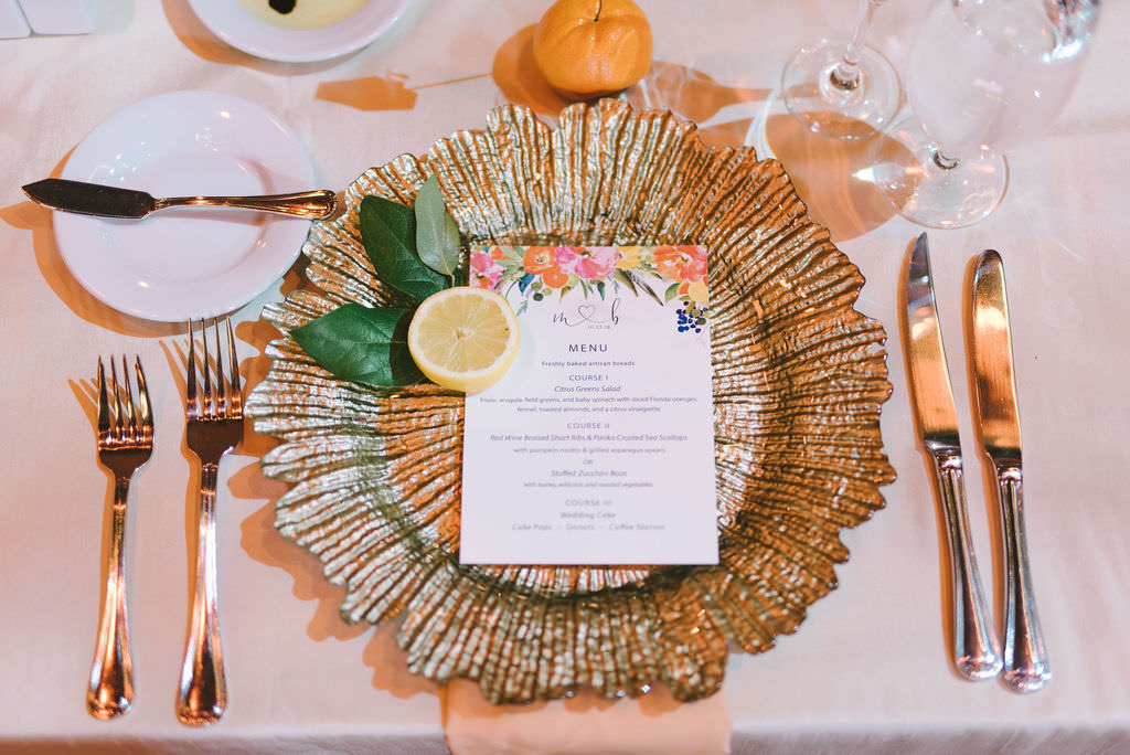 Florida Inspired Wedding Reception Decor, Gold Charger with Colorful Floral Menu and Lemon Garnish | Tampa Bay Wedding Photographer Kera Photography | Wedding Planner Burlap to Lace