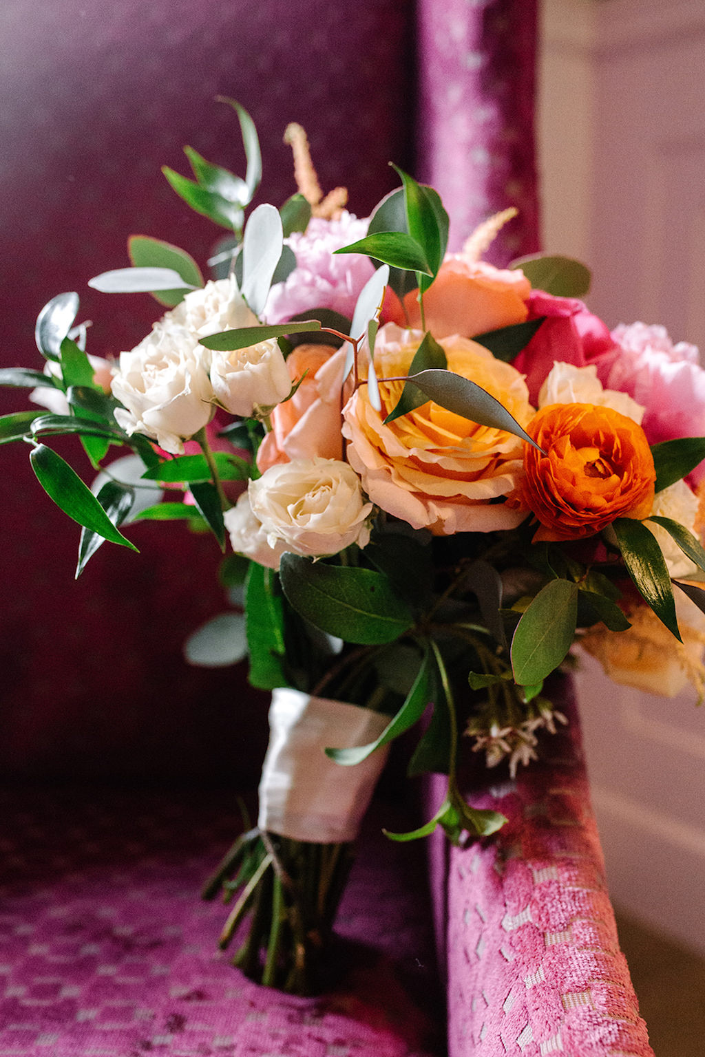 Colorful Bride Wedding Bouquet, Ivory, White, Pink, Orange, Peach and Greenery Flowers