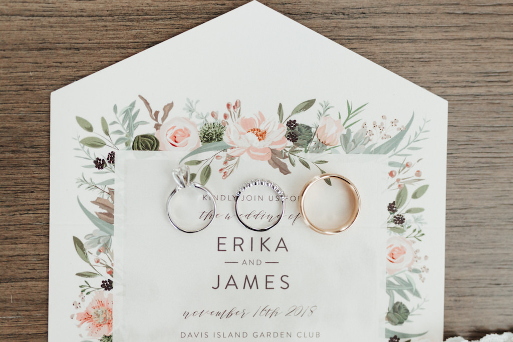 Custom Floral Garden Inspired Wedding Invitation, White and Yellow Gold Wedding Rings and Solitaire Diamond Engagement Ring