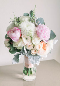 Rustic Elegant Bridal Floral Bouquet, Pink Peonies, Coral Roses, White Flowers, Silver Dollar Eucalyptus Greenery and Dusty Miller Leaves | Tampa Bay Wedding Planner Gulf Beach Weddings