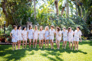 Bride and Bridesmaids Getting Ready Wedding Portrait, Bridesmaids in Mix and Match Floral Pink and Purple Silk Pajama Set | South Tampa