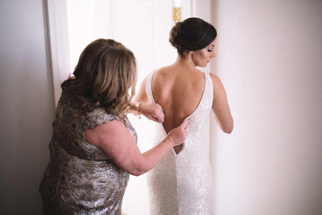 Bride and Mother of the Bride Getting Ready Wedding Portrait, Bride in White Sequin Wedding Dress