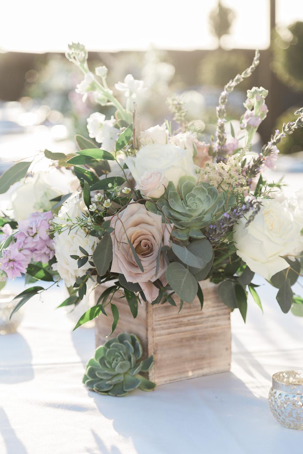 Rustic Romantic Beach Inspired Wedding Reception Decor, Wooden Planter Box with Blush Pink, White, Lilac Greenery, Eucalyptus and Succulents Floral Centerpiece