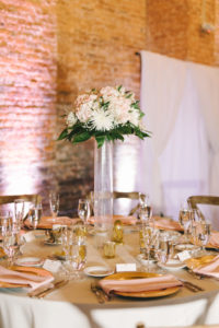 Classic, Romantic Wedding Reception Decor, Round Table with Gold Charger, Tall Clear Glass Cylinder Vase, Blush Pink, White and Greenery Floral Centerpiece | Photographer Kera Photography | Wedding Planner Kelly Kennedy Weddings and Events