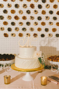 Classic Two Tier White Wedding Cake with Gold Monogram Cake Topper on White and Gold Cake Stand | Photographer Kera Photography | Wedding Planner Kelly Kennedy Weddings and Events