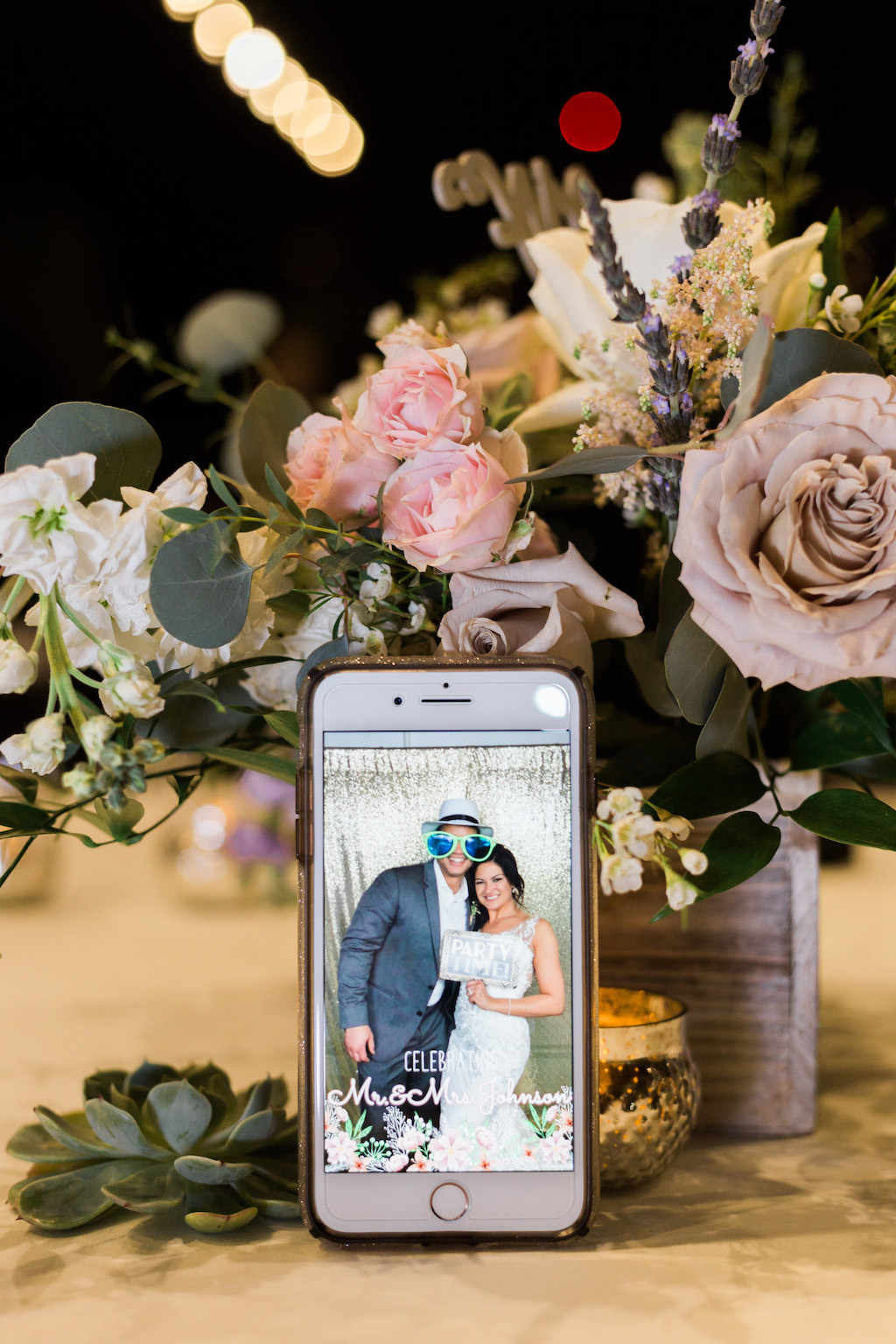 iPhone Photo of Bride and Groom Photo Booth Wedding Picture, Wooden Planter Box with Lilac, Blush Pink, Ivory and Greenery Floral Centerpiece