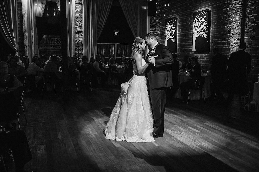 Florida Bride and Groom During First Dance in Black and White| Downtown St. Pete Wedding Venue NOVA 535