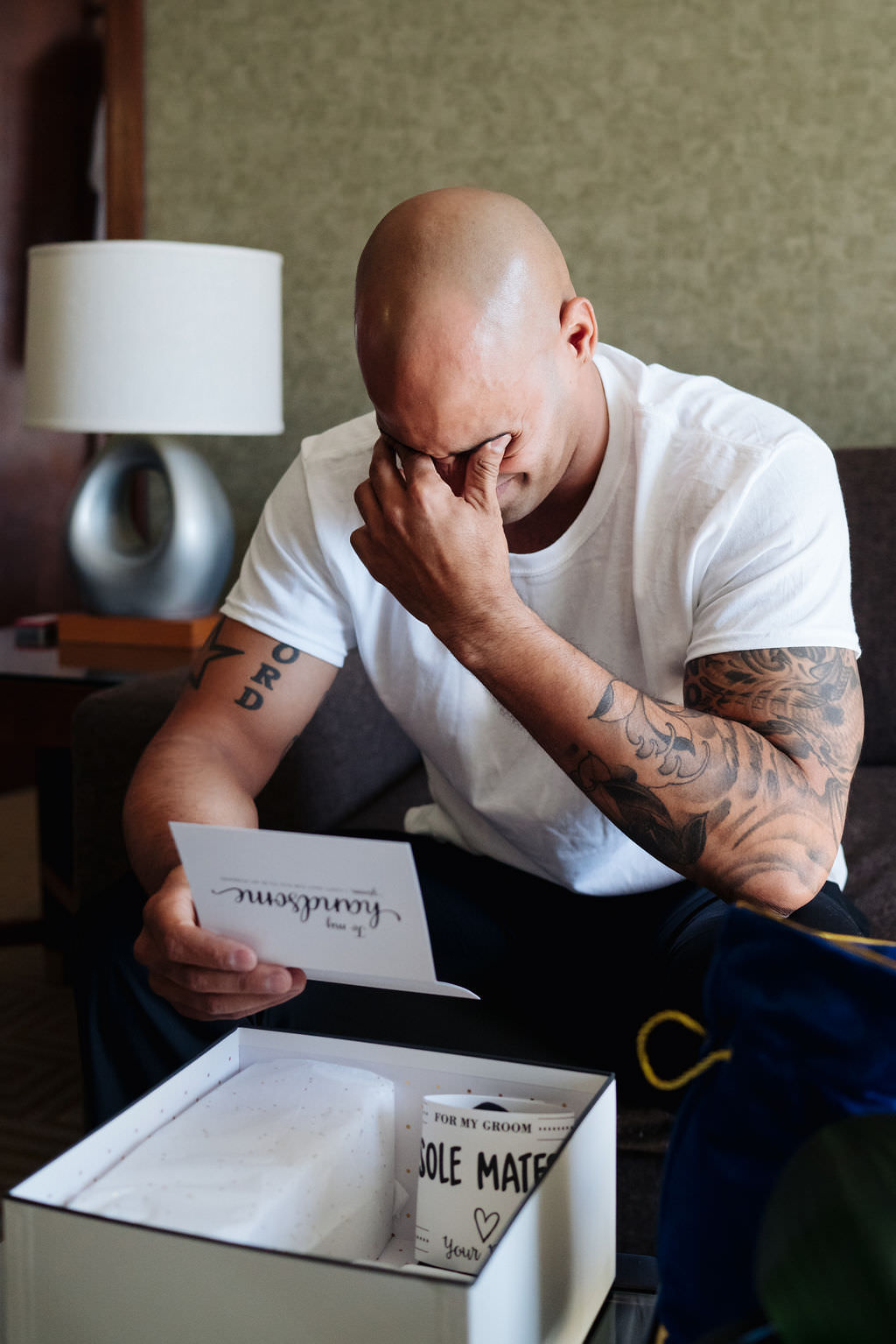 Groom Getting Ready Portrait, To My Groom Gift Box, Crying While Reading Letter from Bride | Photographer Grind & Press Photography