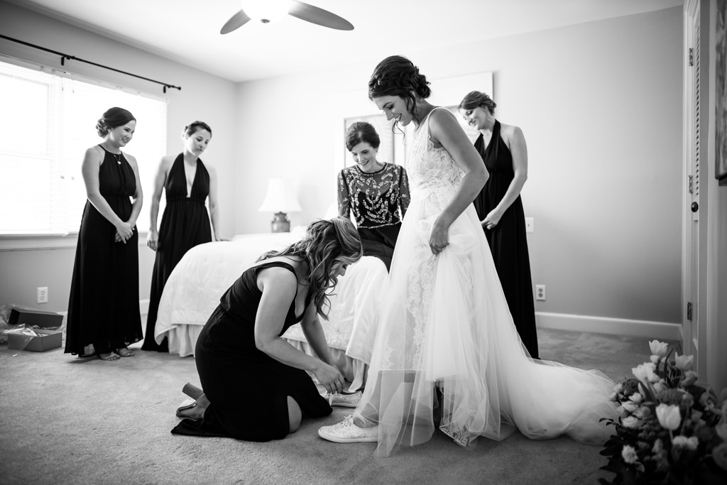 Black and White Bride and Bridesmaids Getting Ready Wedding Portrait, Bride in Sleeveless Tulle Dress with Sneakers | South Tampa