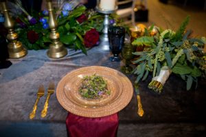 Salad with Gold Flatware on Sweetheart Table with Velvet Tablecloth, Green Floral Bouquet | | Tampa Bay Wedding Photographer Andi Diamond Photography | Tampa Bay Florist Apple Blossoms Floral Designs | Tampa Bay Caterer Elite Events Catering