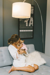 Bride in White Robe with Dog Getting Ready Wedding Portrait | Tampa Wedding Photographer Kera Photography