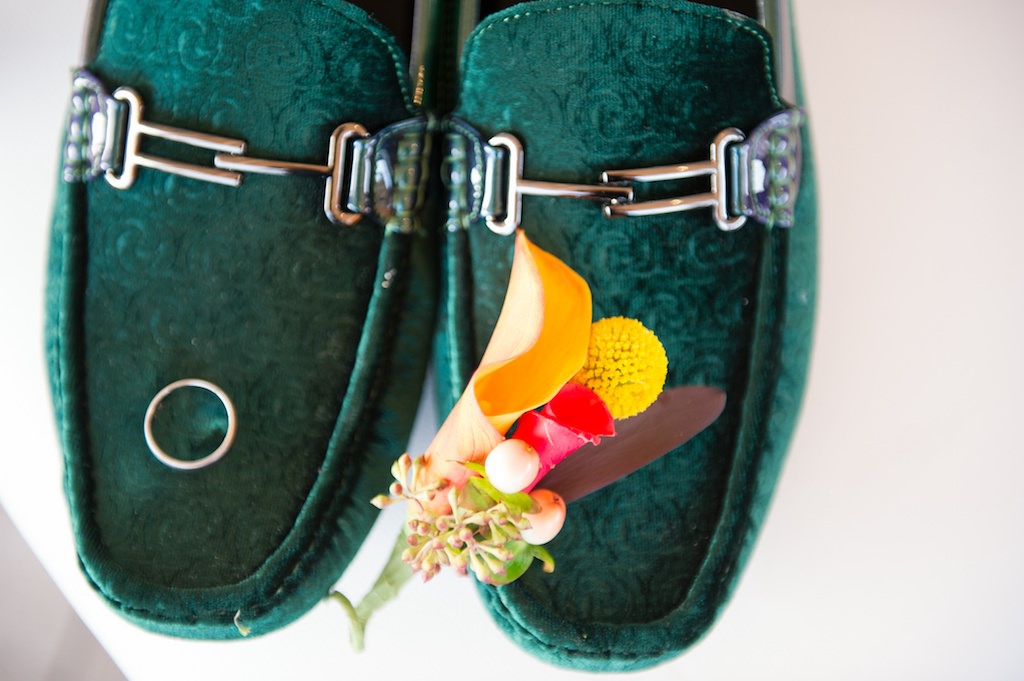 Groom Jewel Tone Emerald Groom Shoes, White Gold Wedding Band, Eclectic Yellow Pink and Green Boutonnière | Tampa Bay Wedding Photographer Andi Diamond Photography | Tampa Bay Florist Apple Blossoms Floral Designs