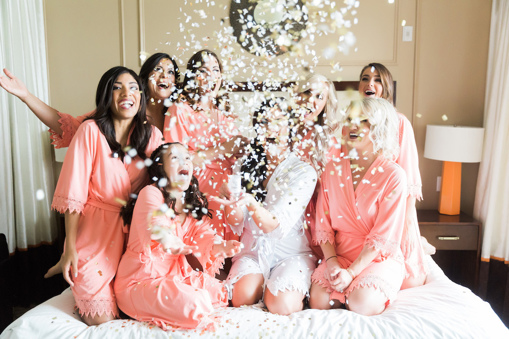 Florida Bride and Bridesmaids Getting Ready Confetti Wedding Portrait, Bridesmaids in Pink Robes