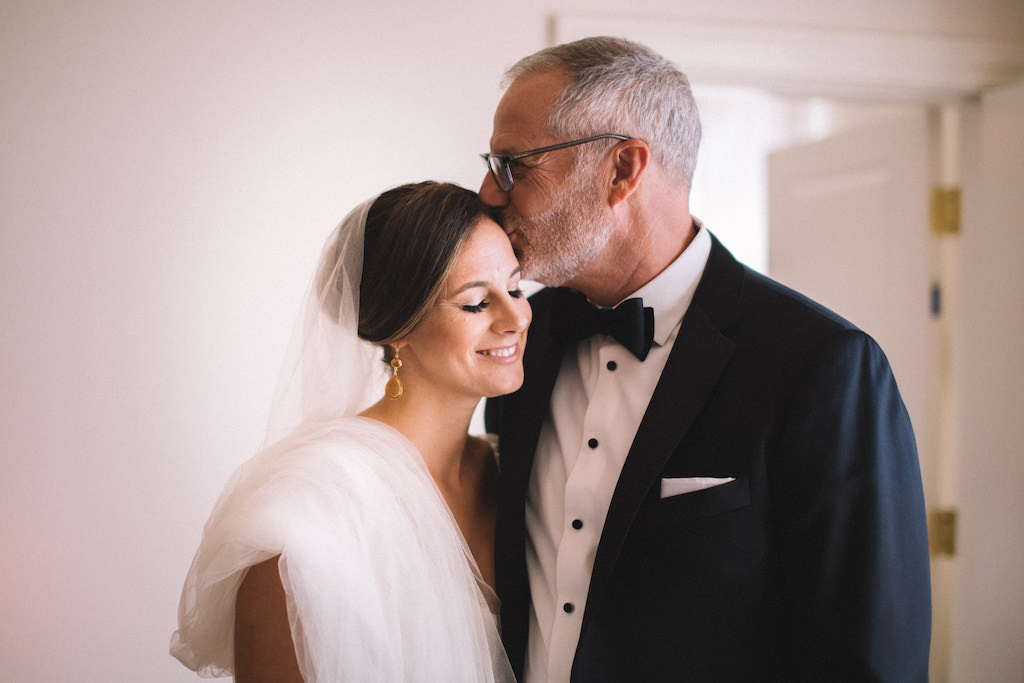 Tampa Bay Bride with Father of the Bride Getting Ready Wedding Portrait, Gold Teardrop Earrings, Father Daughter Intimate Moment | Tampa Wedding Makeup and Hair Artist Femme Akoi