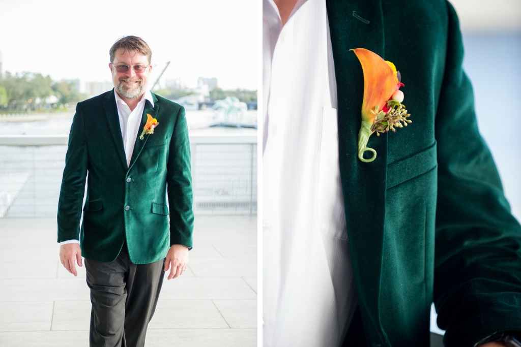 Downtown Tampa Groom in Elegant Jewel Tone Emerald Velvet Coat, Eclectic Yellow Pink and Green Boutonnière | Tampa Bay Wedding Photographer Andi Diamond Photography | Tampa Bay Florist Apple Blossoms Floral Designs