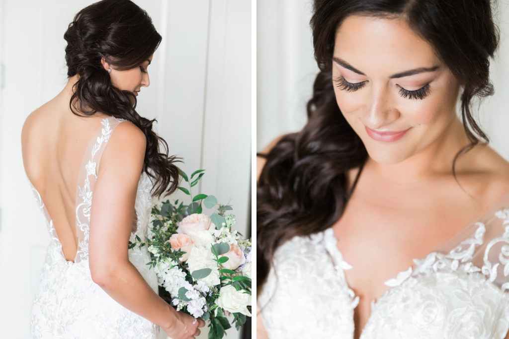 Tampa Bay Bride Getting Ready Wedding Hair and Makeup Portrait in Fitted Open Back Lace and Illusion Strap Wedding Dress