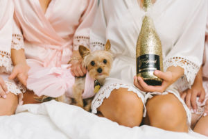 Bride and Bridesmaids Getting Ready Wedding Portrait with Dog and Bottle of Glitter Gold Champagne | Tampa Wedding Photographer Kera Photography
