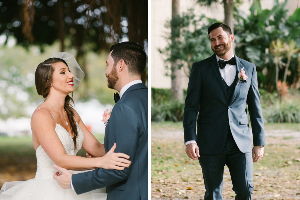 Florida Bride and Groom Outdoor First Look Wedding Portrait, Groom in Navy Blue Tuxedo and Bowtie