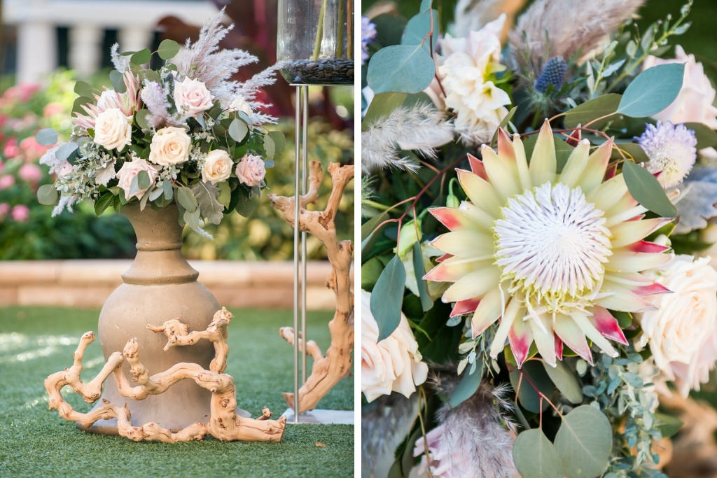 Bohemian Outdoor Natural Wooden Wedding Decor, Multi-colored and Textural Bohemian Floral Arrangement on Ceramic Vase with Silver Dollar Eucalyptus Greenery, Garden Roses, Thistle, Lisianthus and Protea | St. Pete Beach Resort and Hotel Wedding Venue The Don Cesar | Tampa Bay Wedding Photographer Andi Diamond Photography | Tampa Bay Wedding Planner UNIQUE Weddings + Events