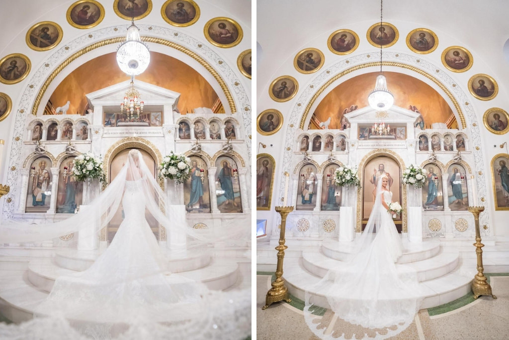 Bridal Portrait, St. Nicholas Greek Orthodox Cathedral, Bride in White Wedding Dress with Dramatic Cathedral Length Veil and Train | Tampa Bay Bridal Dress Shop Nikki and Glitz Glam Boutique