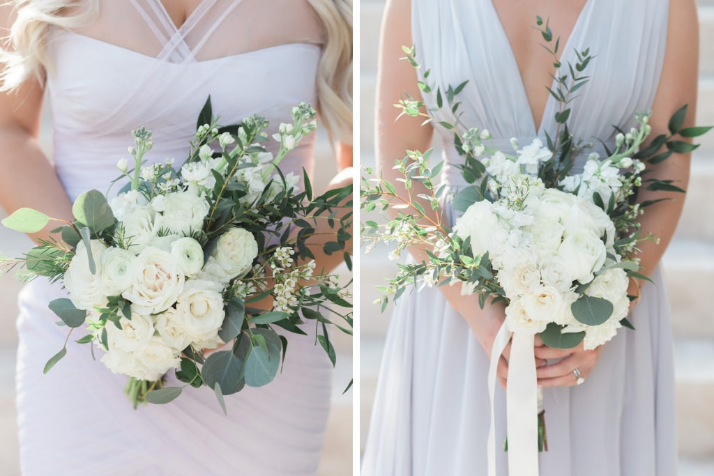 Bridesmaids Wedding Portrait Holding Organic Ivory, Greenery and Eucalyptus Floral Bouquets