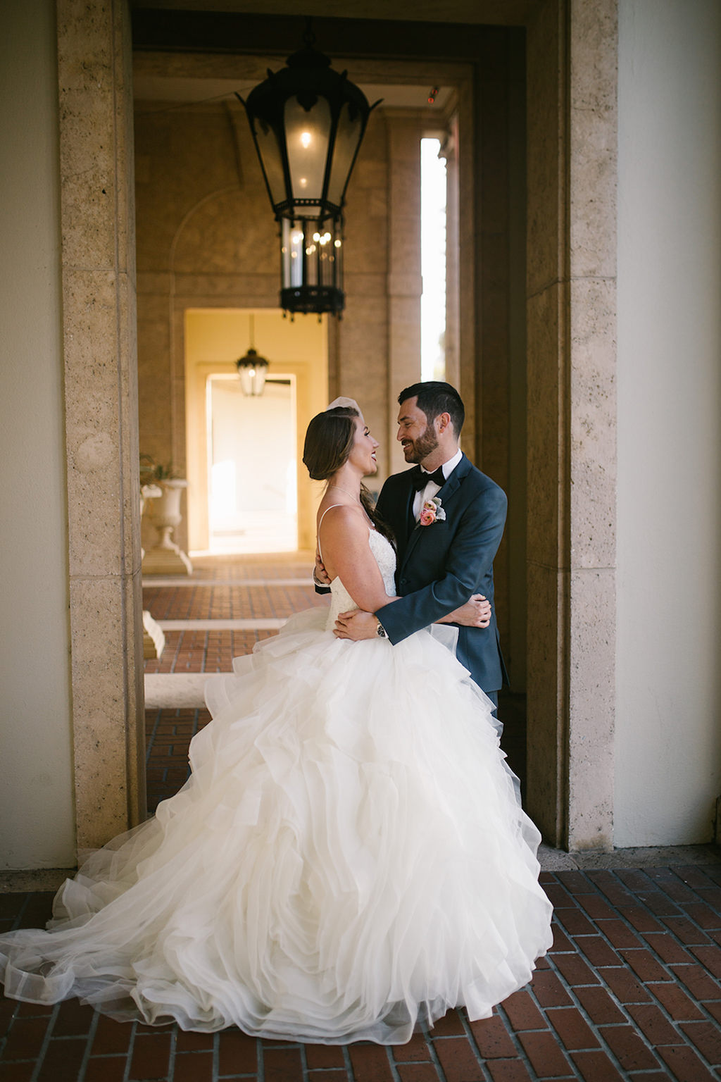 Florida Bride and Groom Outdoor First Look Wedding Portrait, Bride in Vera Wang Ballgown with Tulle and Organza Skirt, Fitted Beaded Bodice and Spaghetti Straps Wedding Dress