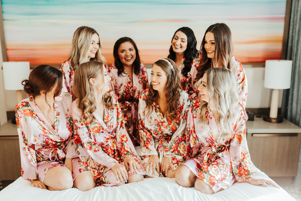 Tampa Bride and Bridesmaids Getting Ready Photo, Matching Blush Pink Floral Robes