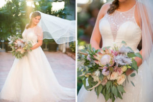 Florida Bride in Soft White A-line Wedding Dress With Square and Round Embroidery and Sweetheart Neckline with Sheer Top, Tulle Veil, Carrying Bohemian Inspired Floral Wedding Bouquet with Multi-colored and Textural Elements, King Protea, Pink and Ivory Garden Roses, Thistle, Lisianthus, Antlers and Silver Dollar Eucalyptus Greenery | Tampa Wedding Dress Boutique Truly Forever Bridal | ampa Bay Wedding Photographer Andi Diamond Photography | St. Pete Beach Wedding Venue
