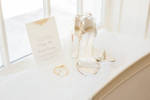 Ivory Strappy Sandal Wedding Heel Shoes, Modern Gold Foil Wedding Invitation and Bridal Accessories