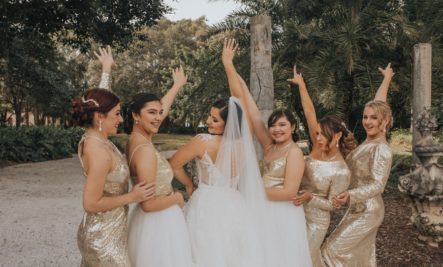 Glamorous Florida Bride and Bridesmaids Fun Photo, Bridesmaids in Long Gold Sequined Dresses