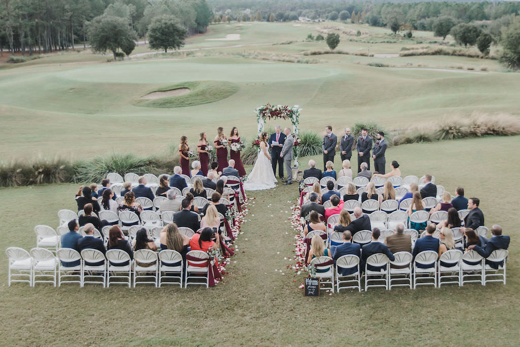 Rustic Chic Outdoor Florida Ceremony with Burgundy Wedding Decor, At Golf Course Venue Southern Hills Plantation