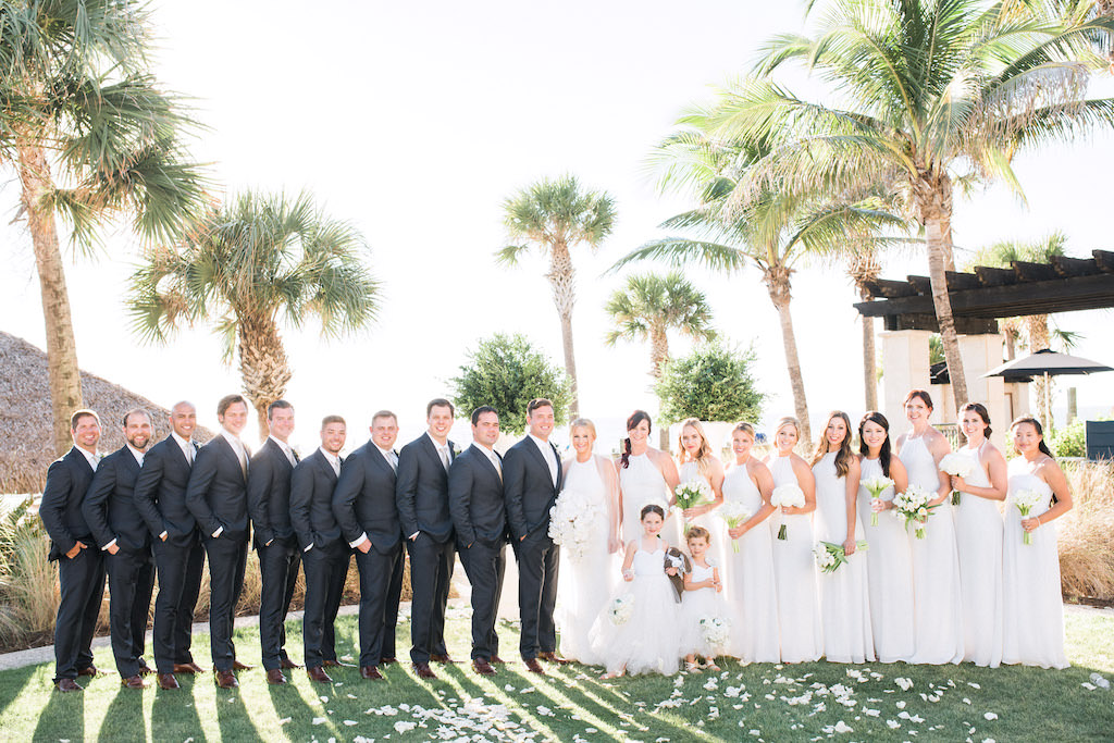 Elegant, Classic Black and White Wedding Party, Bridesmaids in Long White Dresses| Sarasota Wedding Planner NK Weddings