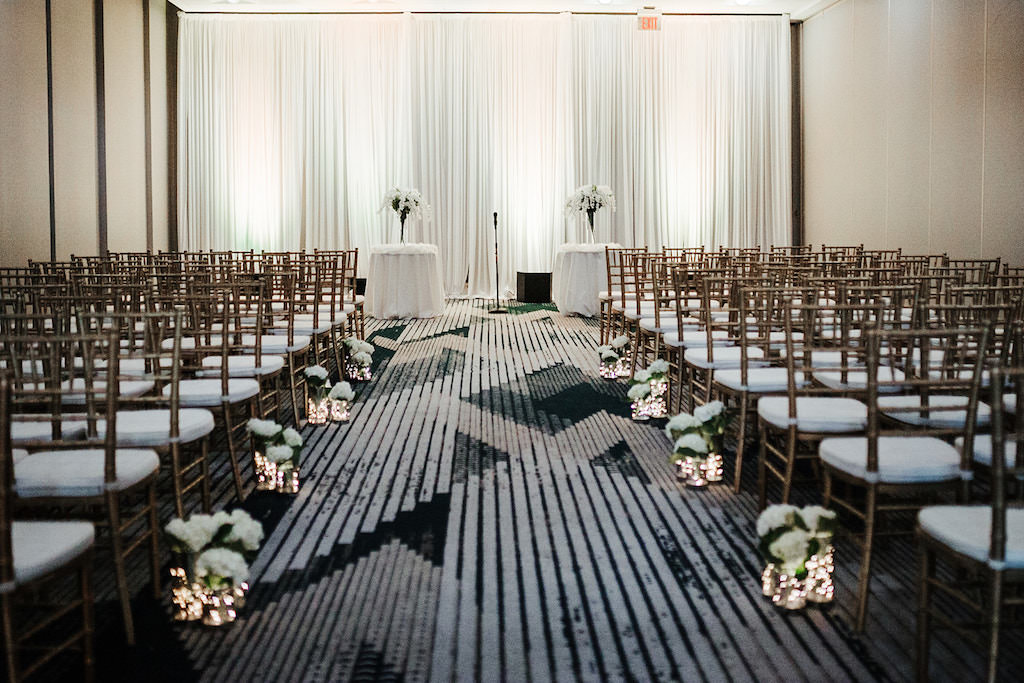 Modern, Traditional Wedding Ceremony with White Decor, Gold Chiavari Chairs, White Draping | Rentals A Chair Affair | Gabro Event Services | Tampa Bay Boutique Hotel and Wedding Venue The Hotel Alba in Westshore