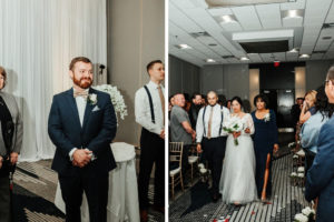 Traditional Wedding Ceremony, Bride and Mother Walk Down The Aisle, Groom Watching Bride Walking Down Aisle | Tampa Bay Boutique Hotel and Wedding Venue The Hotel Alba in Westshore