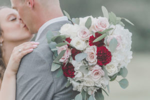 Red Carnations, Blush Pink Roses, and White Hydrangeas Floral Bridal Bouquets with Silver Dollar Eucalyptus Greenery