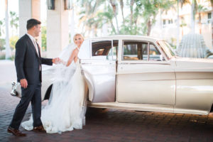 Sarasota Bride and Groom, White, Vintage Rolls Royce Car, Wedding Portrait