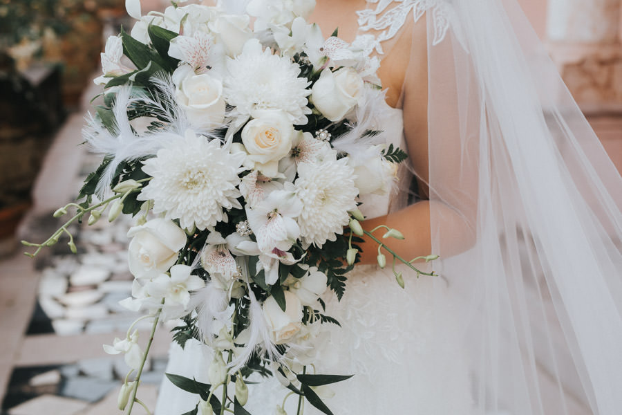 Romantic, Garden Inspired White Mixed Floral Wedding Bouquet with Greenery, Feather, Pearls, Roses,