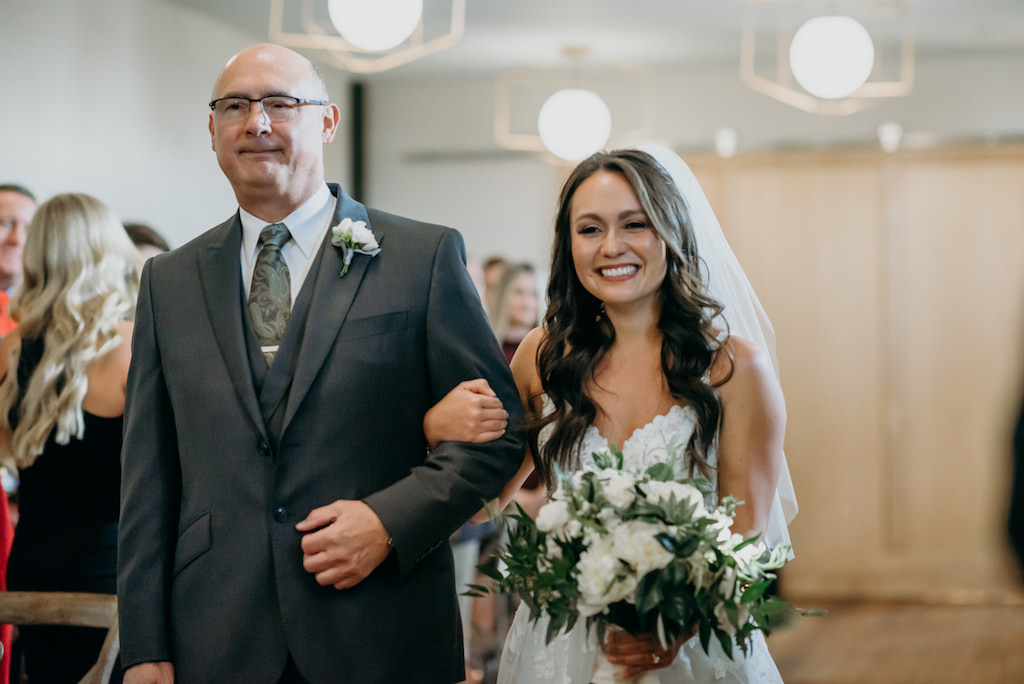 Florida Bride Walking Down the Aisle with Father, Wedding Ceremony Processional | Tampa Bay Venue The Gathering at Armature Works