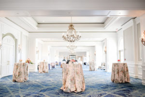 Chic Garden Inspired Wedding Decor, Pink Floral Table Linens, Ballroom of The Ritz Carlton Sarasota | Over the Top Rental Linens