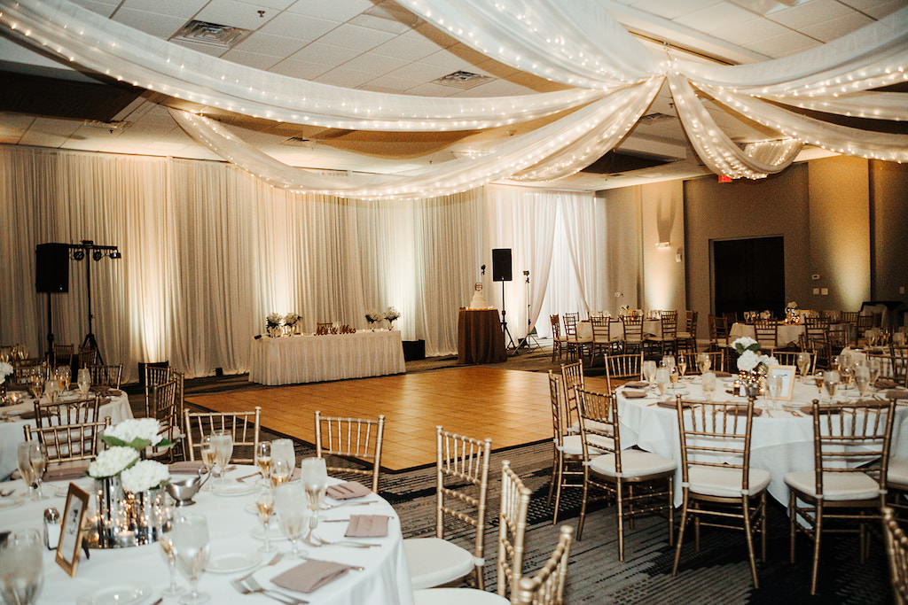 Traditional, Elegant Wedding Reception, White Floral Decor, Lighted Draping, Gold Chivari Chairs | Tampa Bay Boutique Hotel and Wedding Venue The Hotel Alba in Westshore | Gabro Event Services | Rentals A Chair Affair