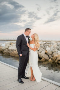 Tampa Bay Florida Bride and Groom Sunset Waterfront Wedding Portrait on Boat Dock